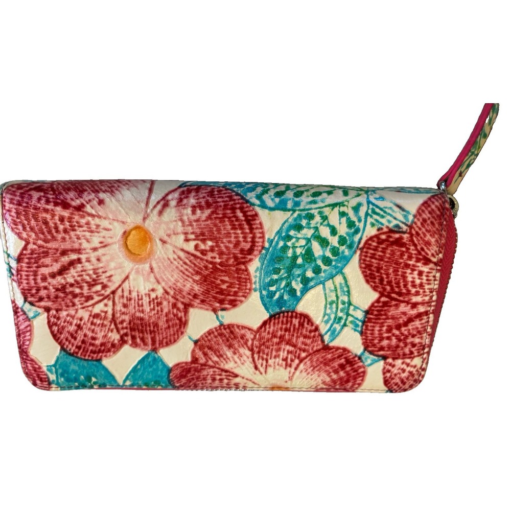 Genuine Leather Floral Zip Around Wallet Women's Multicolor Organizer Pink